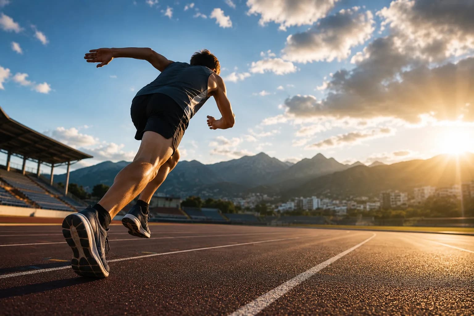 A sprinter driving off the line on a running track at sunset, mountains in the distance.